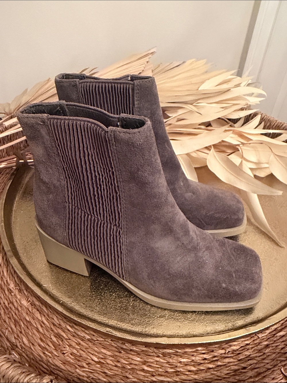 Naya Gray Suede Chelsea Ankle Boots with Block Heel